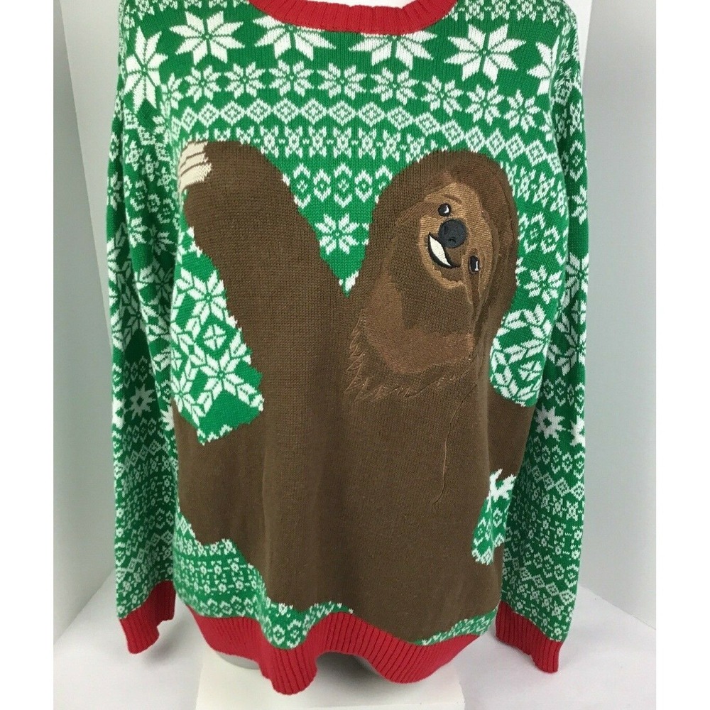 Blizzard Bay Sloth Ugly Christmas Sweater Green Fair Isle Snowflake Womens L